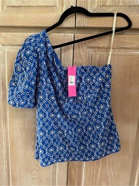 NWT Lilly Pulitzer Lined Delilah Eyelet One Shoulder Top Blue Gratto